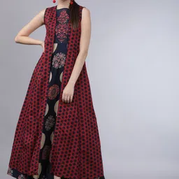 Vishudh Women Maroon & Navy Blue Printed A-Line Kurta With Jacket-image-81