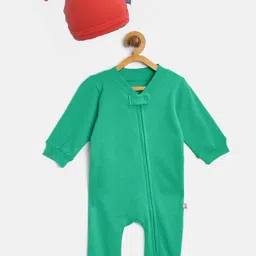 Cherrytoes Infant Green & Red Solid Cotton Rompers With Beanie-picture-13