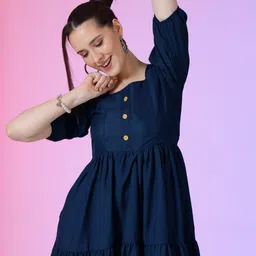 Femvy Women Puff Sleeves Fit & Flare Dress-image-16