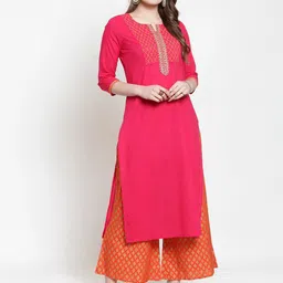 Varanga Women Fuchsia & Orange Yoke Design Straight Pure Cotton Kurta with Palazzos-image-81
