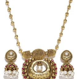 Zaveri Pearls Off-White Gold-Plated Stone-Studded Beaded Jewellery Set-picture-27