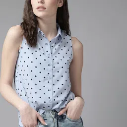 Roadster Women Blue  Black Regular Fit Polka Dot Print Casual Shirt-picture-40
