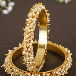 Shining Diva Set Of 2 Gold-Plated & White Pearl Embellished Antique Bangles-picture-15