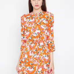 Oxolloxo Women Orange Printed Fit and Flare Dress-image-65
