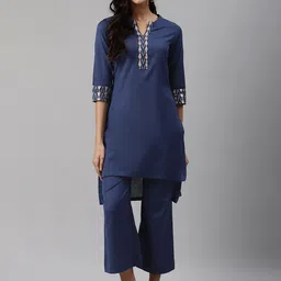 Biba Women Navy Blue Solid Kurta with Palazzos-image-84
