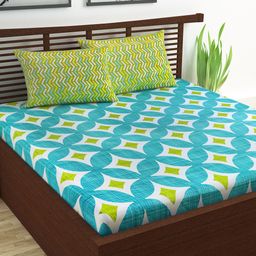 Divine Casa Blue & Green Ethnic Motifs 120 TC Cotton 1 Queen Bedsheet with 2 Pillow Covers-picture-46