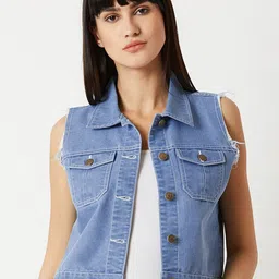 Miss Chase Women Blue Solid Denim Jacket-image-52