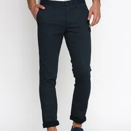 Basics Men Navy Blue Skinny Fit Checked Regular Trousers-image-52