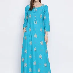 Span Women Turquoise Blue & Beige Printed A-Line Kurta-picture-11