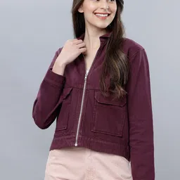 Tokyo Talkies Women Burgundy Solid Denim Jacket-picture-25