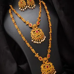 aadita Gold-Plated Pink & Green Necklace Jewellery Set-picture-33