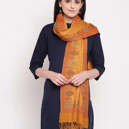 HK colours of fashion Women Mustard Yellow Woven Design Stole with Tasselled Border-picture-14