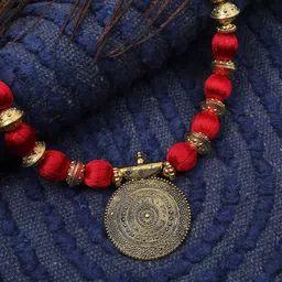 AKSHARA Womens Red Handcrafted Long Brass Pendent Black Necklace-picture-12
