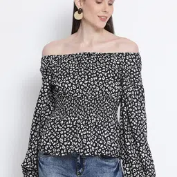 Oxolloxo Women Black & White Printed Bardot Top-picture-29