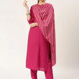 Rustorange Women Pink Solid Straight Kurta with Cigarette Trousers & Dupatta-picture-26