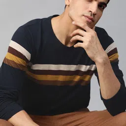 Roadster Men Navy Blue  Mustard Brown Striped Detail V-Neck Pure Cotton T-shirt-image-5