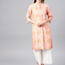 W Women Peach-Coloured & Golden Printed Straight Kurta-image-44