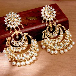 Sukkhi White Gold-Plated Kundan Studded Crescent Shaped Chandbalis-picture-48