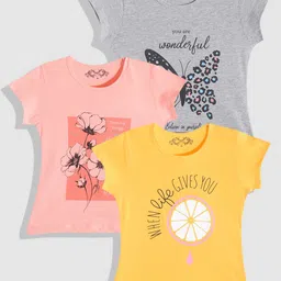 FEMEA Girls Pack Of 3 Mustard Yellow & Grey Typography Printed T-shirt-picture-54