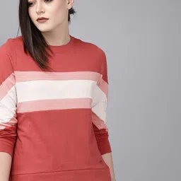 Roadster Women Coral Red  White Colourblocked Round Neck Pure Cotton T-shirt-image-16
