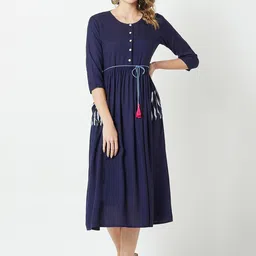 Miss Chase Women Navy Blue Solid Midi Buttoned Up Dress-picture-10