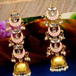 Crunchy Fashion Gold-Plated & Pink Chandwali With Beads Contemporary Jhumkas Earrings-picture-34