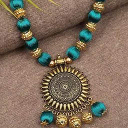 AKSHARA Womens Handcrafted Long Brass Pendent Black Necklace-picture-10