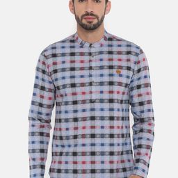 The Indian Garage Co Men Grey & Blue Checked Straight Kurta-picture-36
