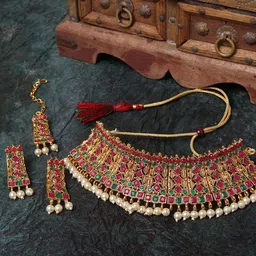 Shining Diva Gold-Plated Red & Green Stone-Studded Antique Jewellery Set-image-60