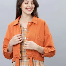 Tokyo Talkies Women Orange Solid Denim Jacket-picture-5