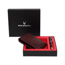 WildHorn Men Maroon RFID Protected Genuine Leather Wallet & Pen Accessory Gift Set-image-82