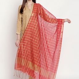 Dupatta Bazaar Women Red & Gold-Toned Checked Dupatta-picture-3