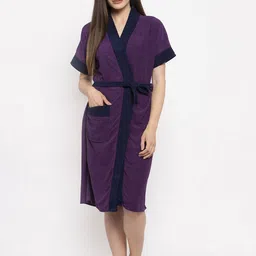 ELEVANTO Women Purple & Blue Colourblocked Bath Robe-picture-33