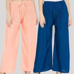 Clora Creation Women Pack Of 2 Peach-Coloured & Blue 2 Knitted Palazzos-picture-35