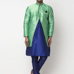 Benstoke Men Blue & Sea Green Self-Design Sherwani Set-picture-47