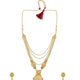 Sukkhi LCT Gold-Plated Tan Brown & White Stone-Studded Pearl Beaded Long Haram Jewellery Set-picture-50