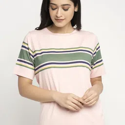 DOOR74 Women Pink Striped Round Neck Cotton T-shirt-image-19