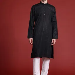 MANQ Men Striped Kantha Work Pure Cotton Kurta with Pyjamas-picture-7