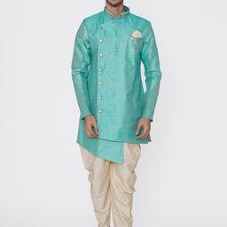 Manyavar Men Turquoise Blue & Beige Self Design Kurta with Dhoti Pants-picture-13
