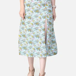 SCORPIUS Women Blue & Yellow Floral Print Straight Midi Skirt-picture-44