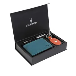 WildHorn Men Teal Blue & Orange RFID Protected Genuine Leather Accessory Gift Set-picture-34