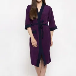 ELEVANTO Women Purple & Navy Blue Colourblocked Bathstories Bath Robe-picture-24