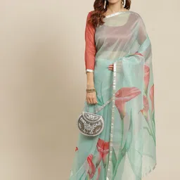 Mitera Sea Green & Red Floral Organza Saree-image-26