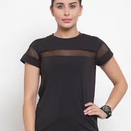 Boston Club Women Black Solid Round Neck Mesh Panel Gym T-shirt-image-67