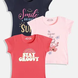 FEMEA Girls Pack of 3 Pink & Navy Blue Typography 3 Printed T-shirt-image-0