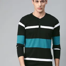 Roadster Men Black  Teal Blue Striped Henley Neck Pure Cotton T-shirt-picture-23
