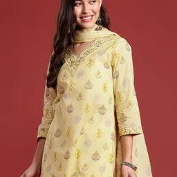 Anouk Printed Sequinned Pure Cotton Kurta with Trousers & With Dupatta image 1