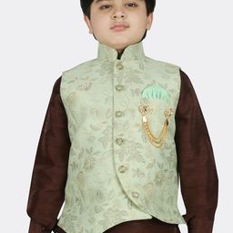 SG YUVRAJ Boys Green & Grey Ethnic Motifs Brocade Woven Design Nehru Jacket-picture-10