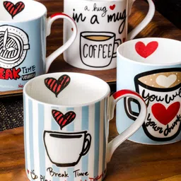 GOODHOMES Off-White & Blue 4-Pieces Printed Bone China Cups Set-picture-19