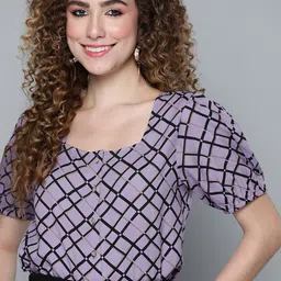 HERE&NOW Lavender & Black Geometric Printed Puff Sleeves Top-picture-14